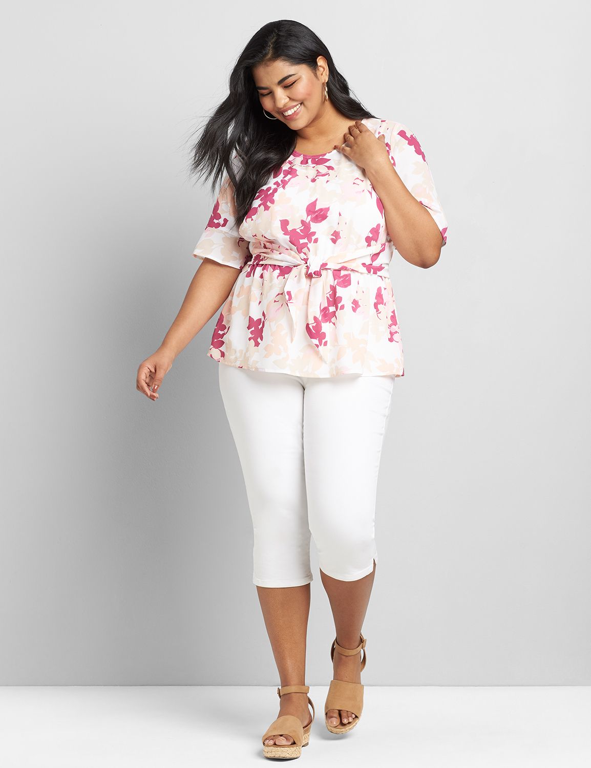 3/4 Ruffle Sleeve Crew Neck Belted Front Top 1119068:LBF20228_OverlappedSilhouetteLeaf_C3:28 Product Image 3