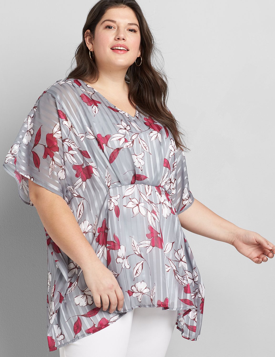 Short Sleeve Vneck Shadow Stripe Drama Top 1118965:LBSP21254_HanddrwanMayFloral_colorway1:14/16 Product Image 1