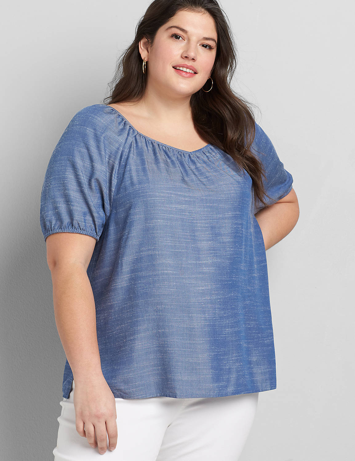 Short Puff Sleeve Square Vneck Chambray Top 1118472:Chambray:16 Product Image 1