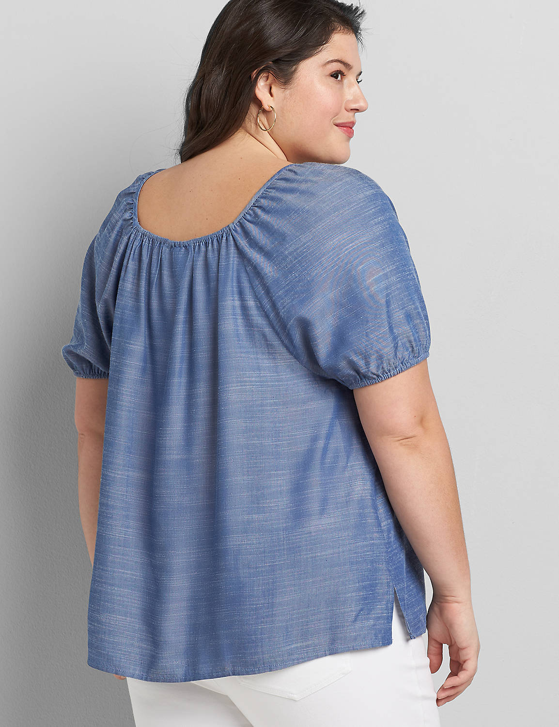 Short Puff Sleeve Square Vneck Chambray Top 1118472:Chambray:16 Product Image 2