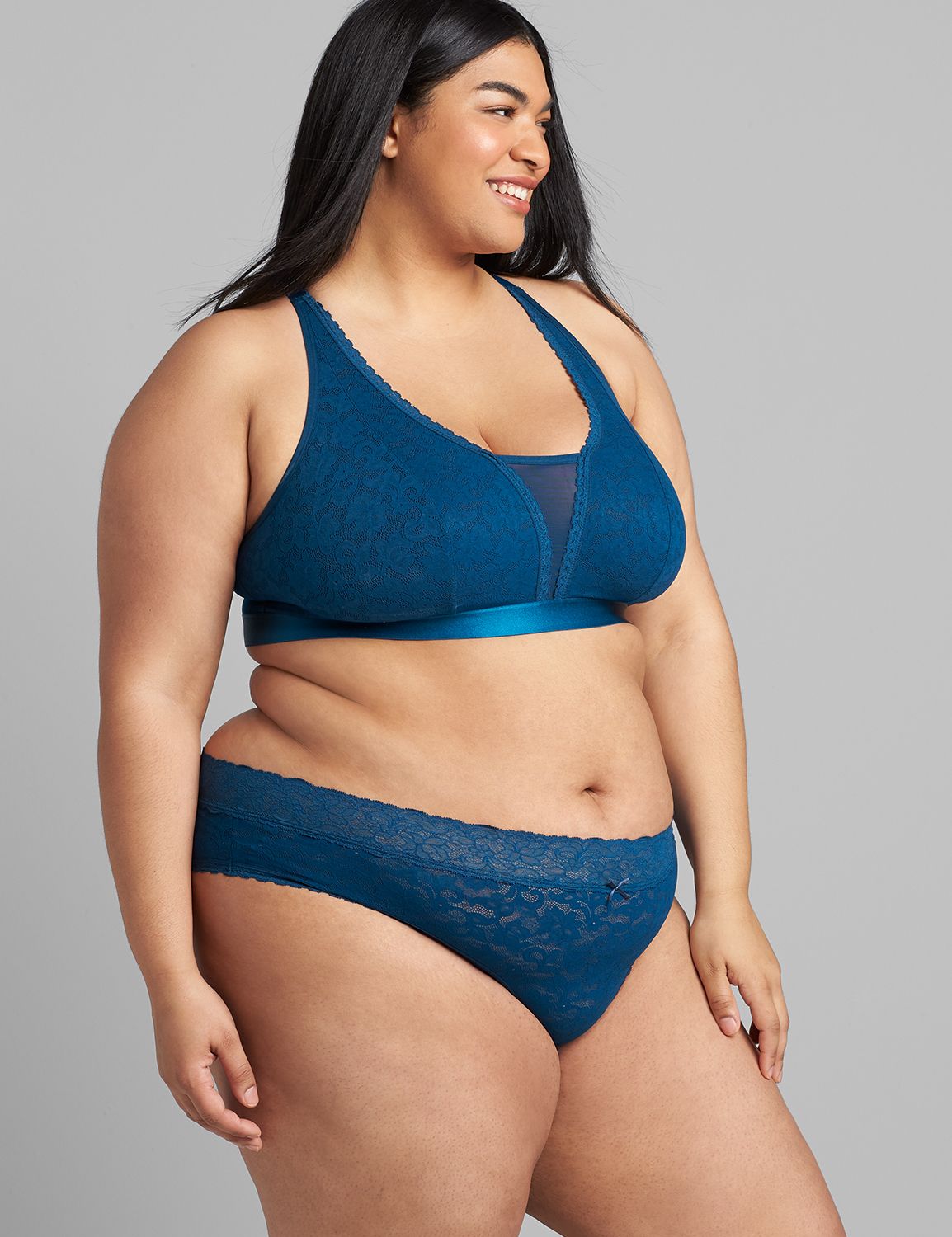 Stretch Lace racer-back bralette with mesh inset 1118719:PANTONE Poseidon:18/20 Product Image 3