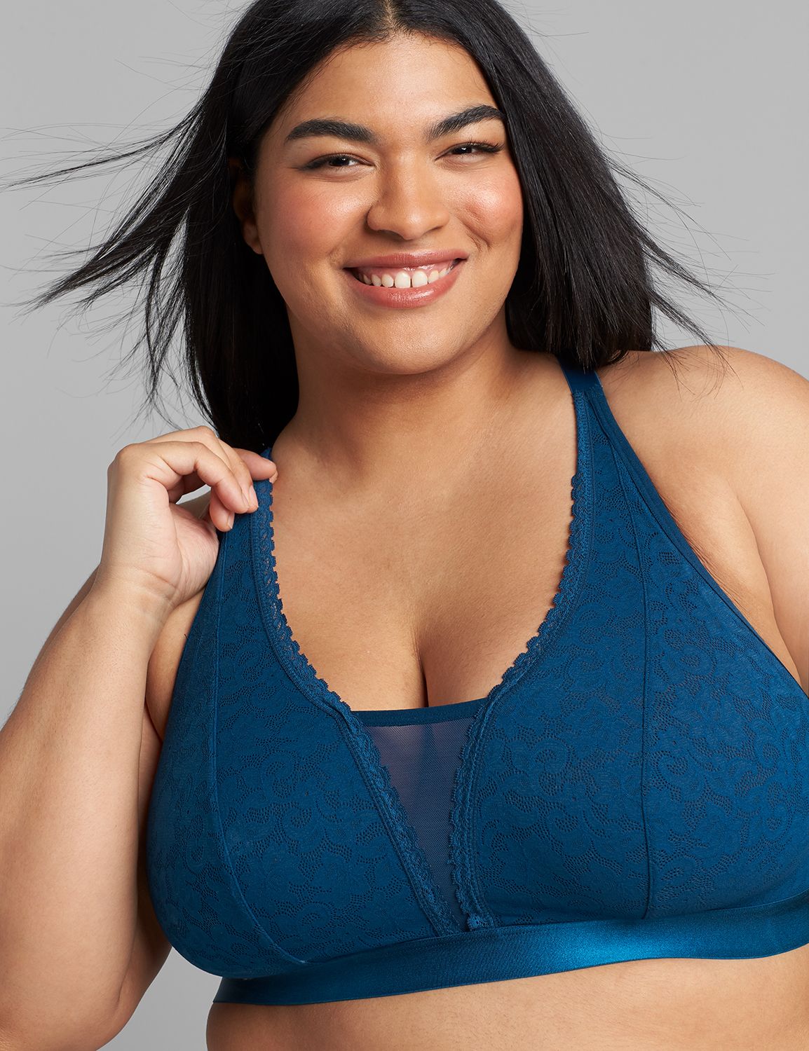 Stretch Lace racer-back bralette with mesh inset 1118719:PANTONE Poseidon:18/20 Product Image 4