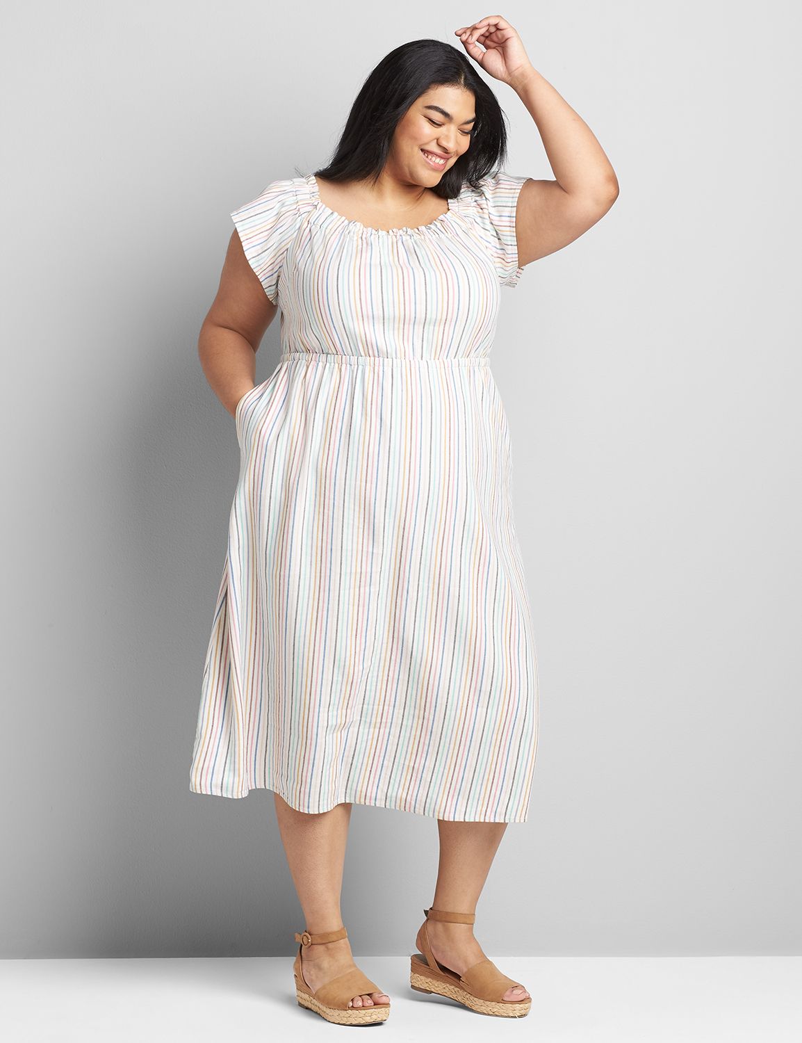 Short Sleeve Convertible Off The Shoulder Midi Dress 1119721:LBSP21291_MultiLinenStripe_VendorFabric:14/16 Product Image 3