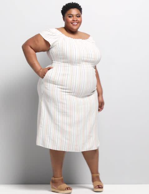 Short Sleeve Convertible Off The Shoulder Midi Dress 1119721:LBSP21291_MultiLinenStripe_VendorFabric:14/16 image number 0