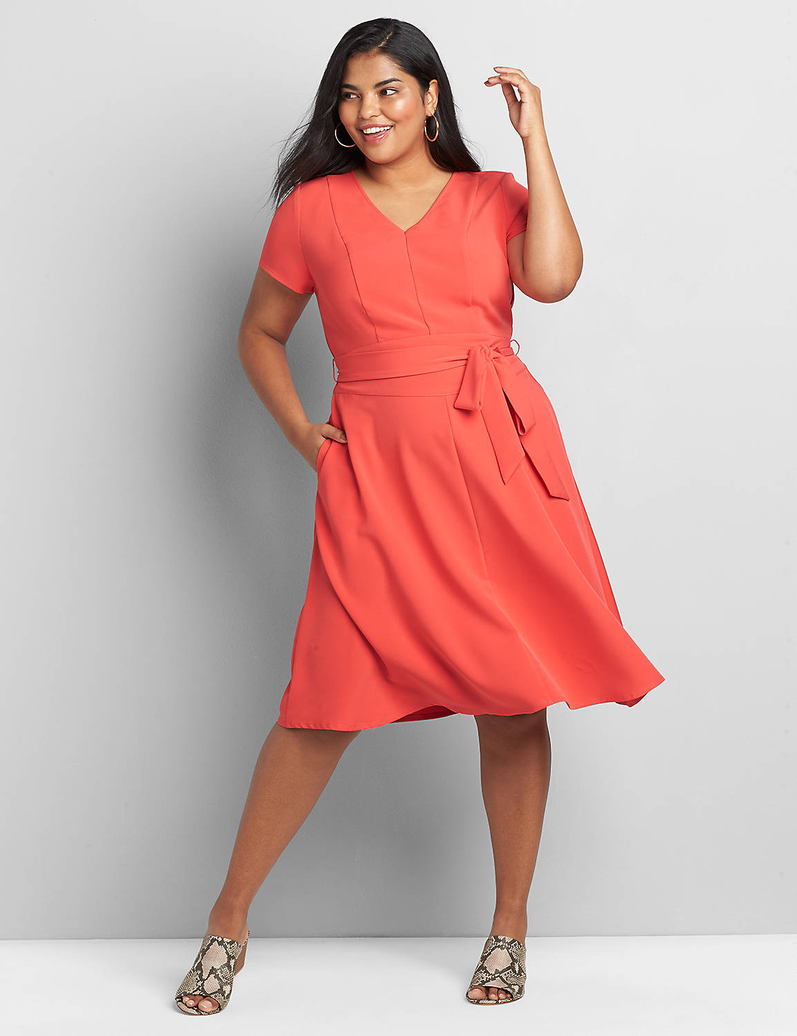 Lena Short Sleeve V Neck Fit and Flare Dress 1119666:Starfish Coral CSI 0301184:16 Product Image 1