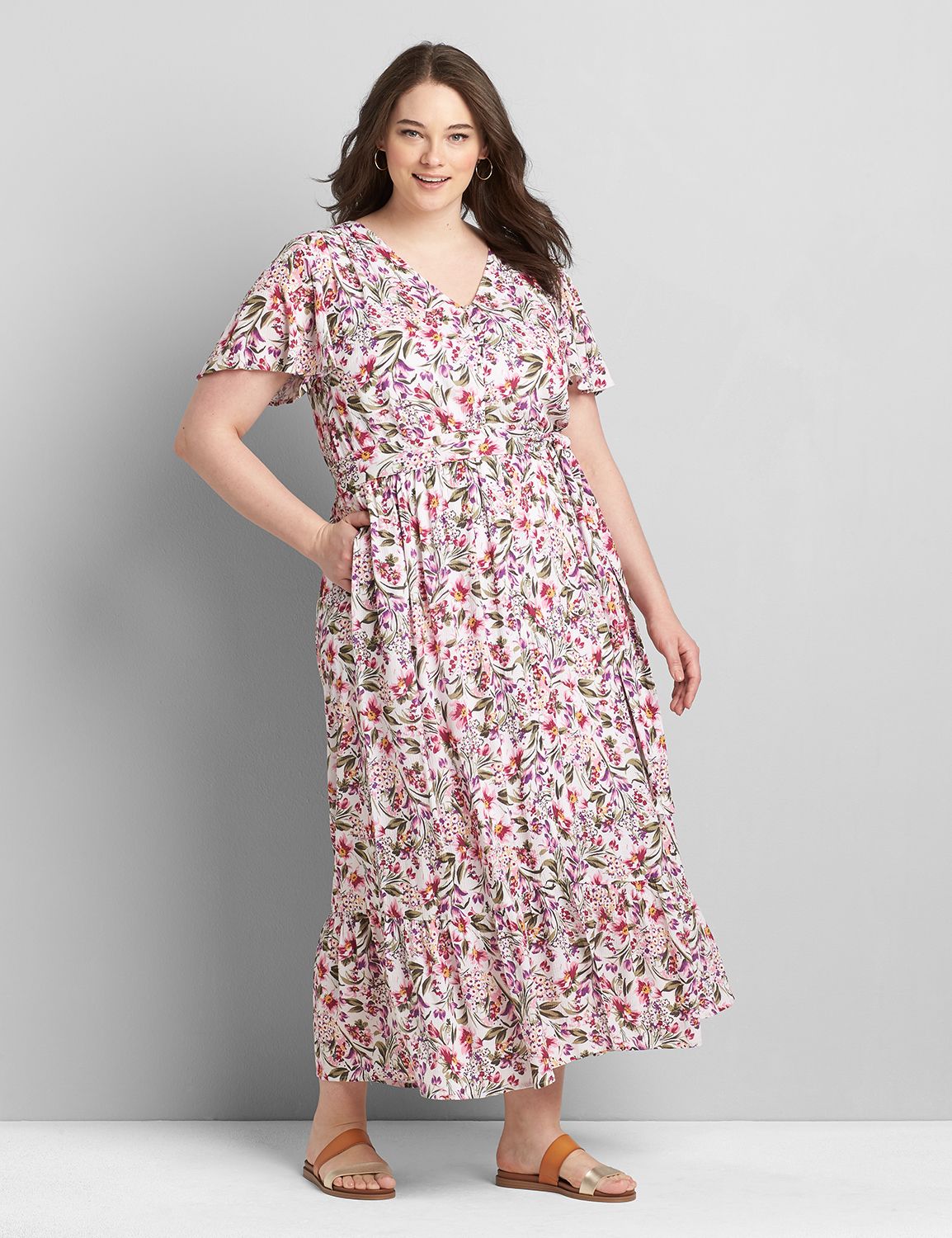 Flutter-Sleeve Button-Front Maxi Dress