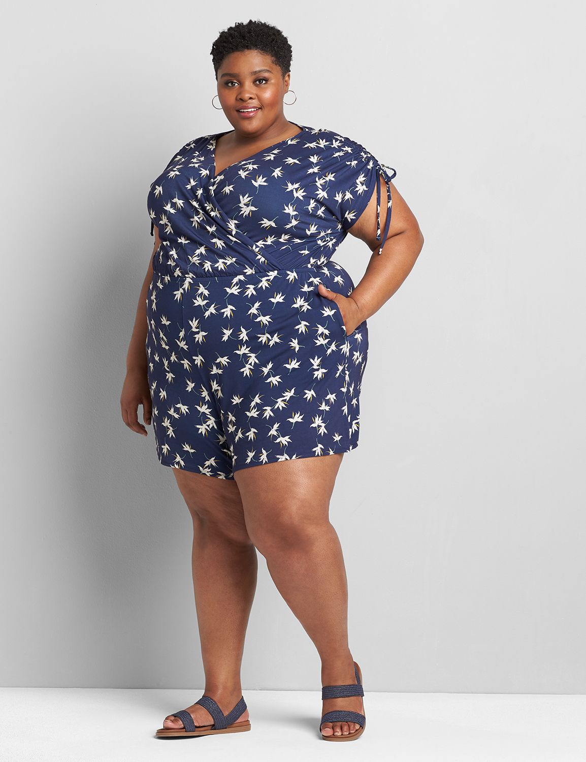 Cap Sleeve Ruched Shoulder Romper 1119181:LBSP21235B_DitsyCatalinaFloral_C2:10/12 Product Image 1
