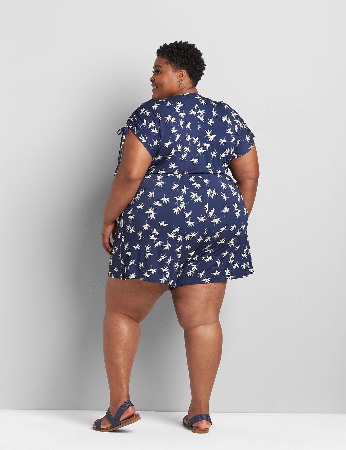 Cap Sleeve Ruched Shoulder Romper 1119181:LBSP21235B_DitsyCatalinaFloral_C2:10/12 Product Image 2