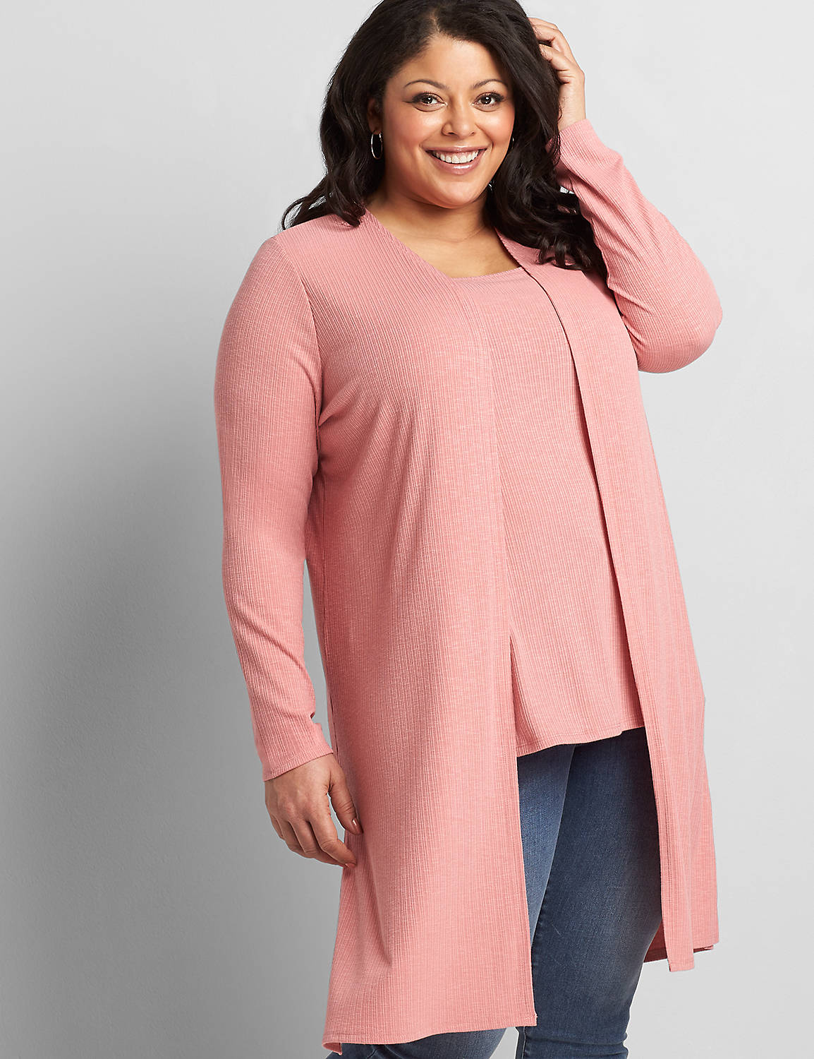Long Sleeve V Neck Double Tie Front Duster 1118694:PANTONE Dusty Rose:18/20 Product Image 1