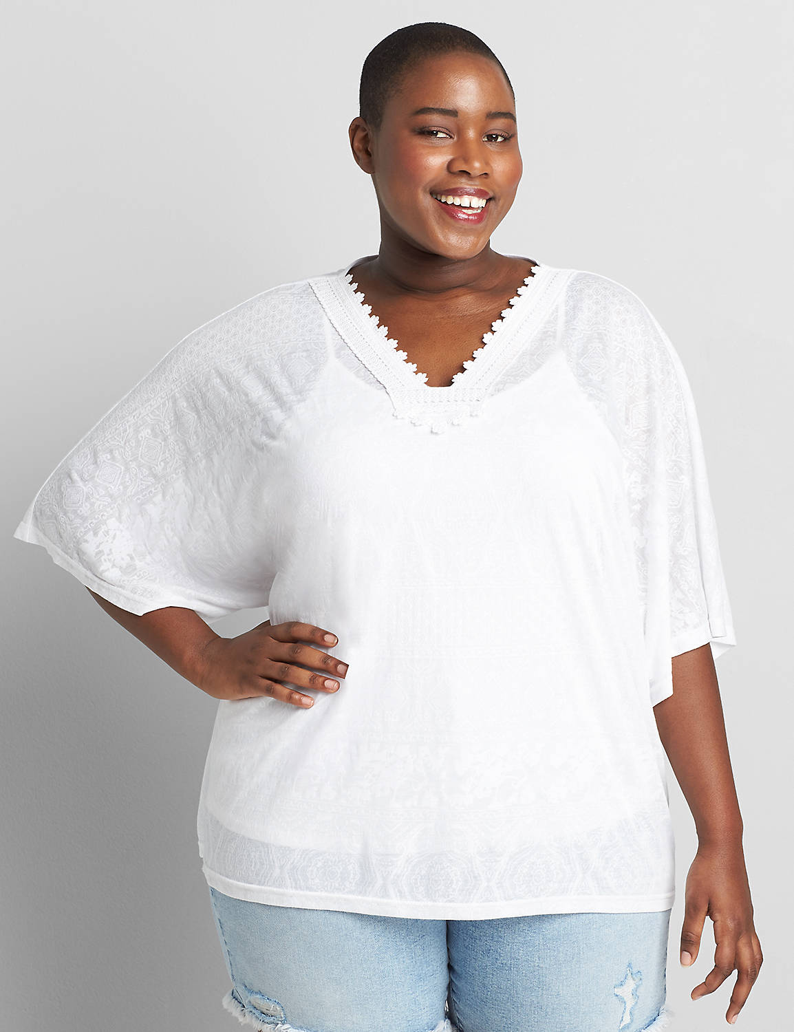 Elbow Length Kimono Sleeve VNeck Domlen In Burnout Fabric With Cami 1119629:Ascena White:14/16 Product Image 1