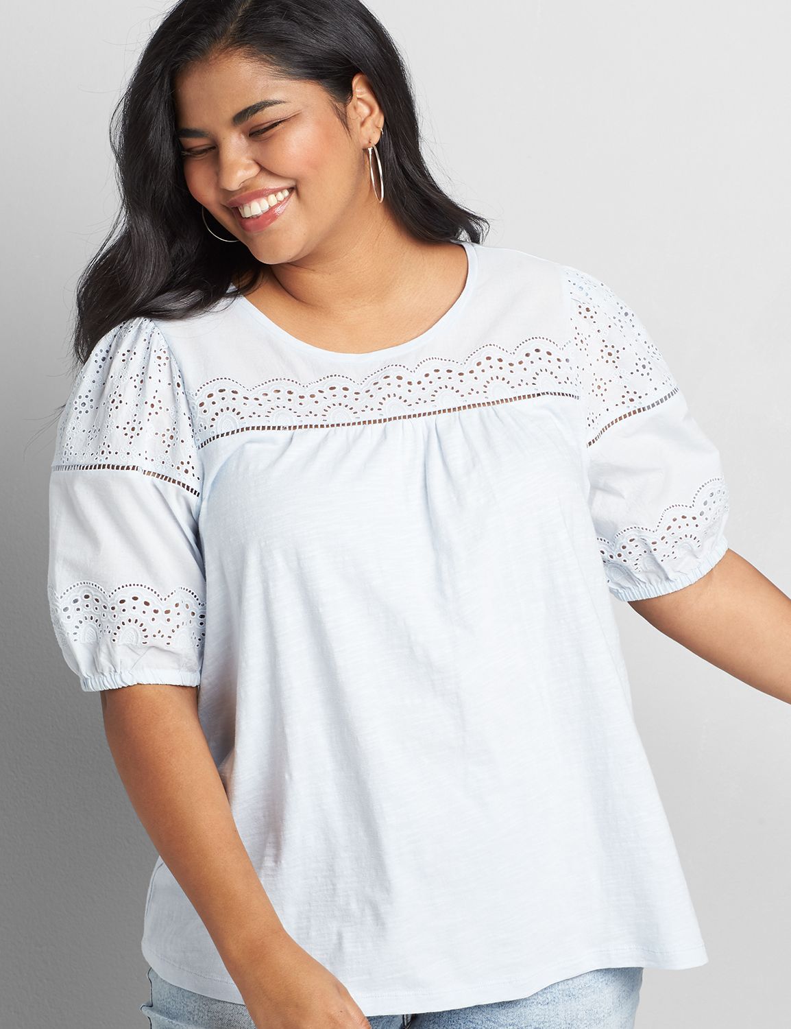 Embroidered Mixed-Media Puff-Sleeve Top
