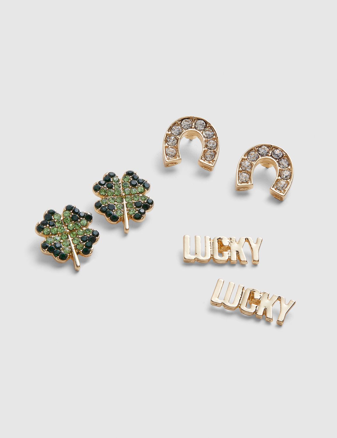 Clover, Horseshoe & Lucky Stud Earrings - 3-Pack