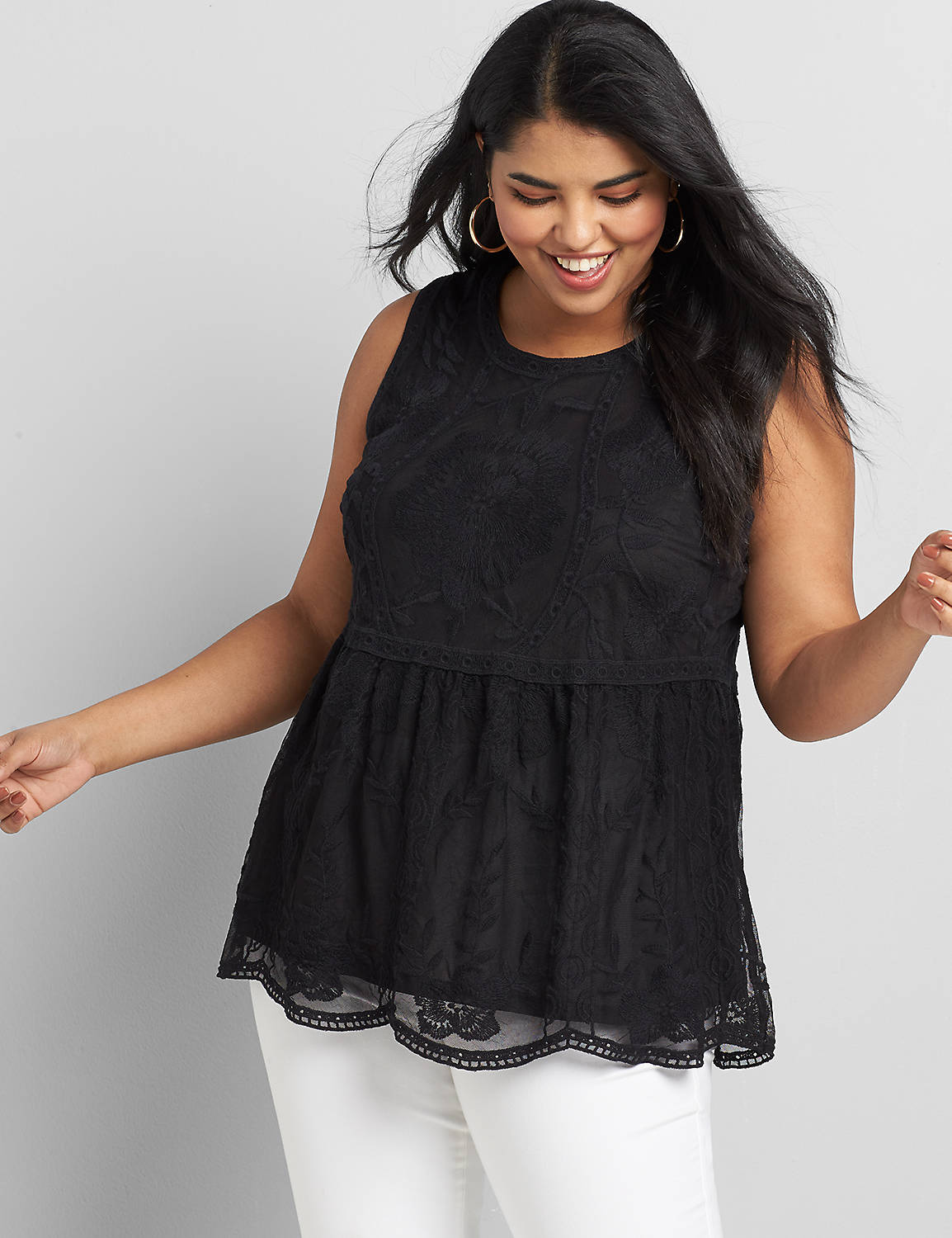 Sleeveless Crew Neck Baby Doll Embroidered Mesh 1118904:Ascena Black:22 Product Image 1