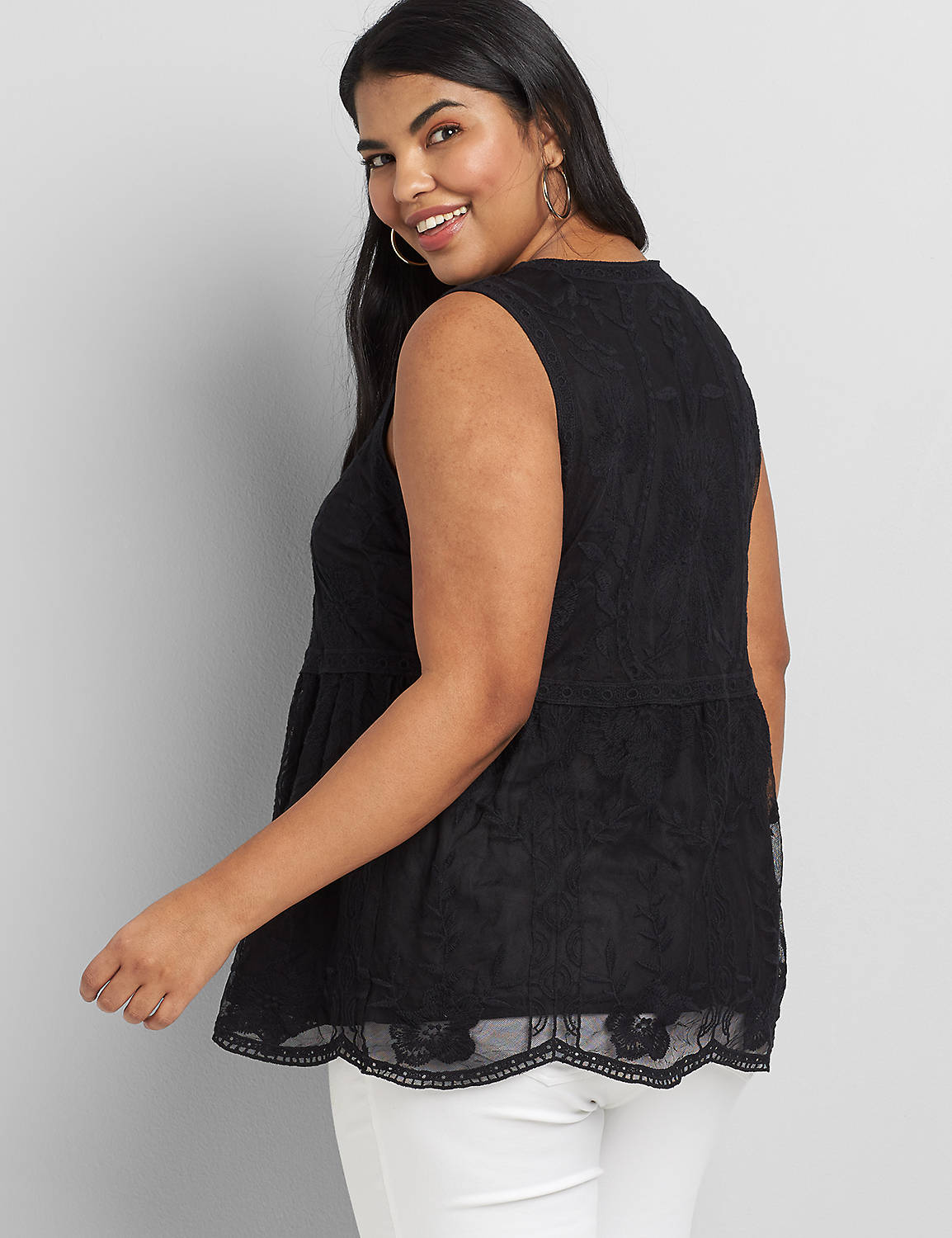 Sleeveless Crew Neck Baby Doll Embroidered Mesh 1118904:Ascena Black:22 Product Image 2