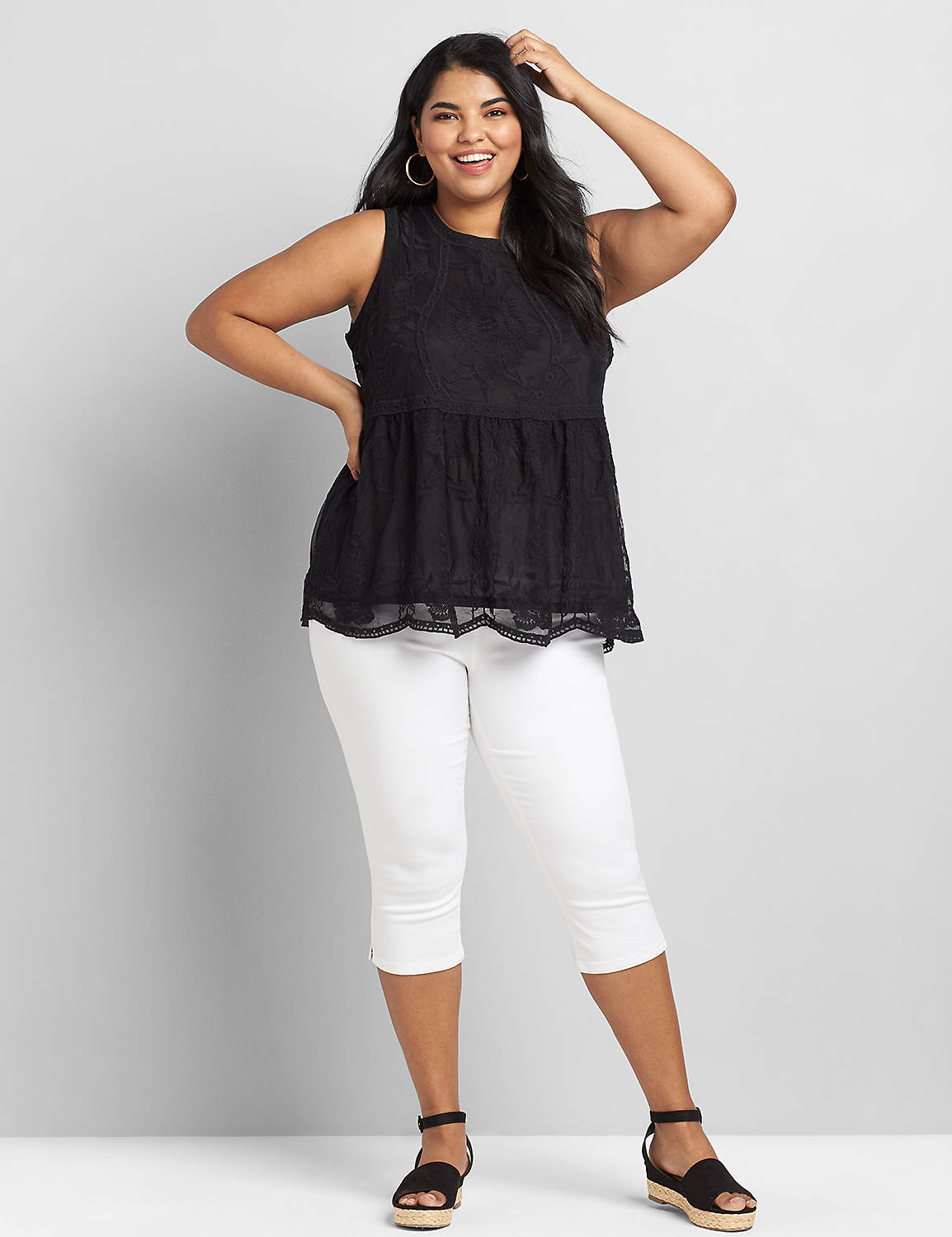 Sleeveless Crew Neck Baby Doll Embroidered Mesh 1118904:Ascena Black:22 Product Image 3