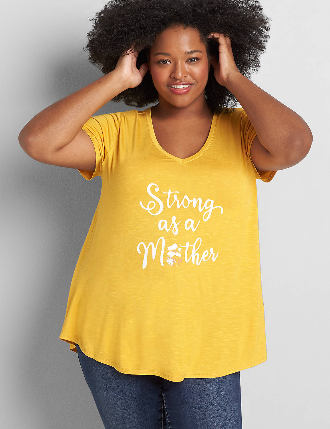 Short Sleeve VNeck Graphic Tee: Strong As A Mother 1119759:PANTONE Mango Mojito:18/20 Product Image 1