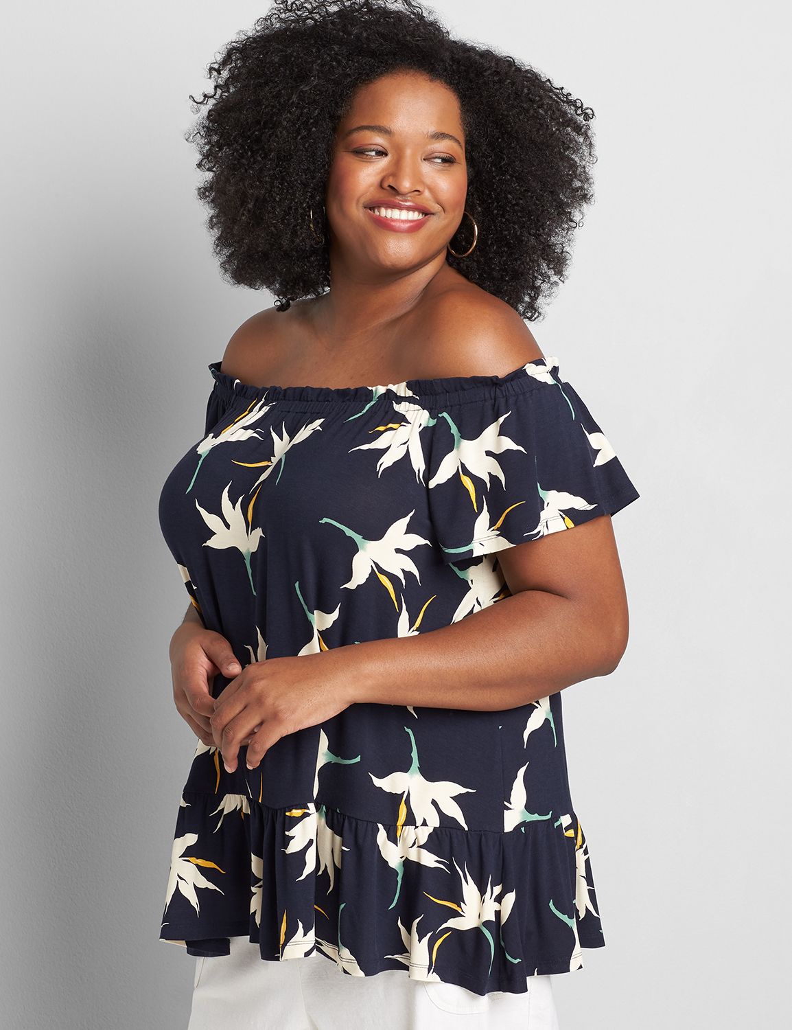 Off-The-Shoulder Ruffle-Hem Swing Top 