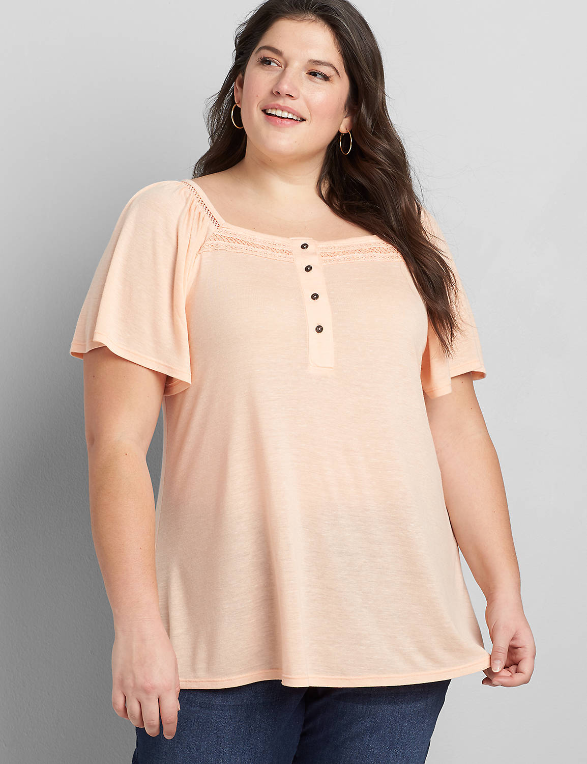 Short Sleeve Elastic Square Neck Top With Buttons 1119620:Sunset Pink Pearl 40-0005-11:18/20 Product Image 1