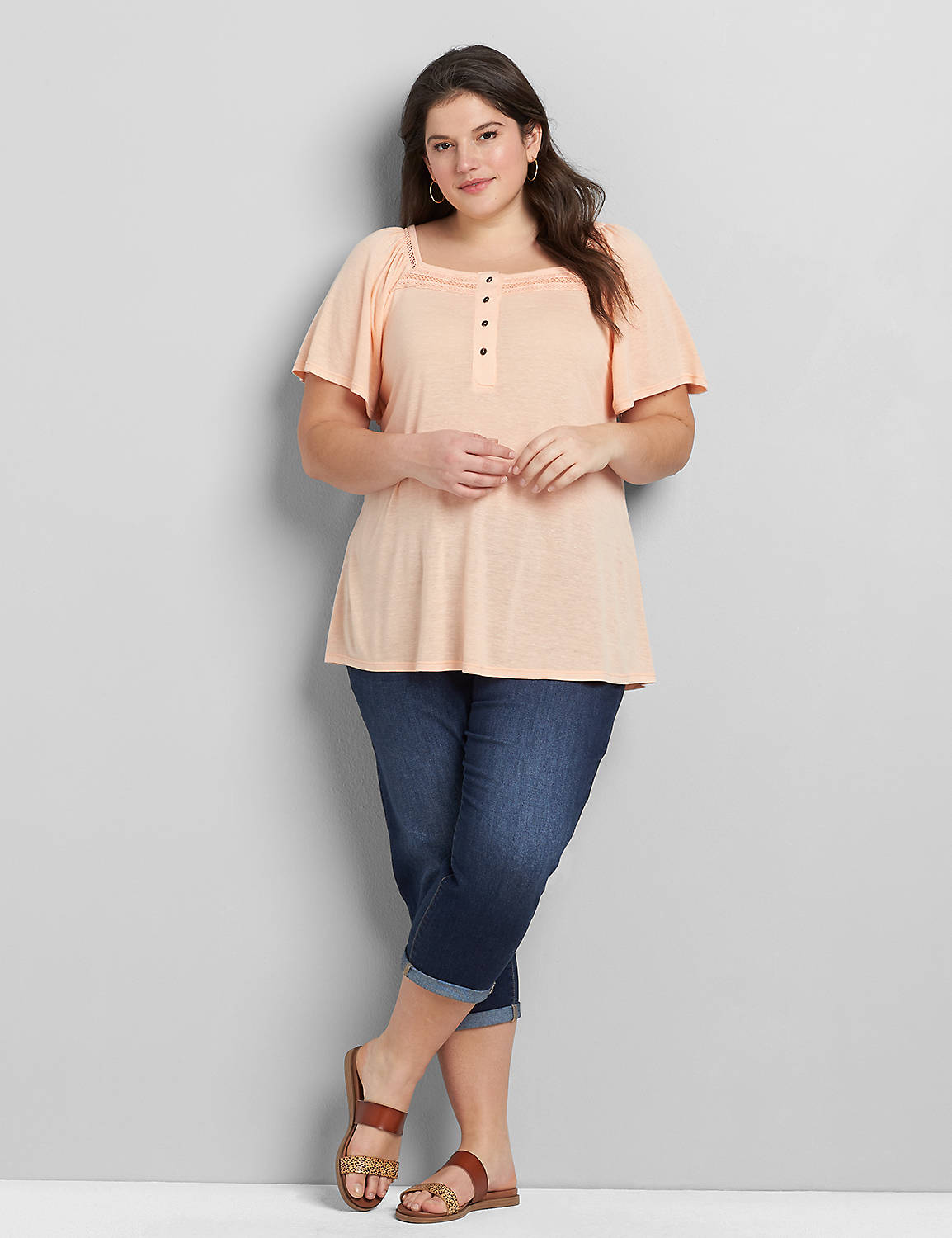 Short Sleeve Elastic Square Neck Top With Buttons 1119620:Sunset Pink Pearl 40-0005-11:18/20 Product Image 3