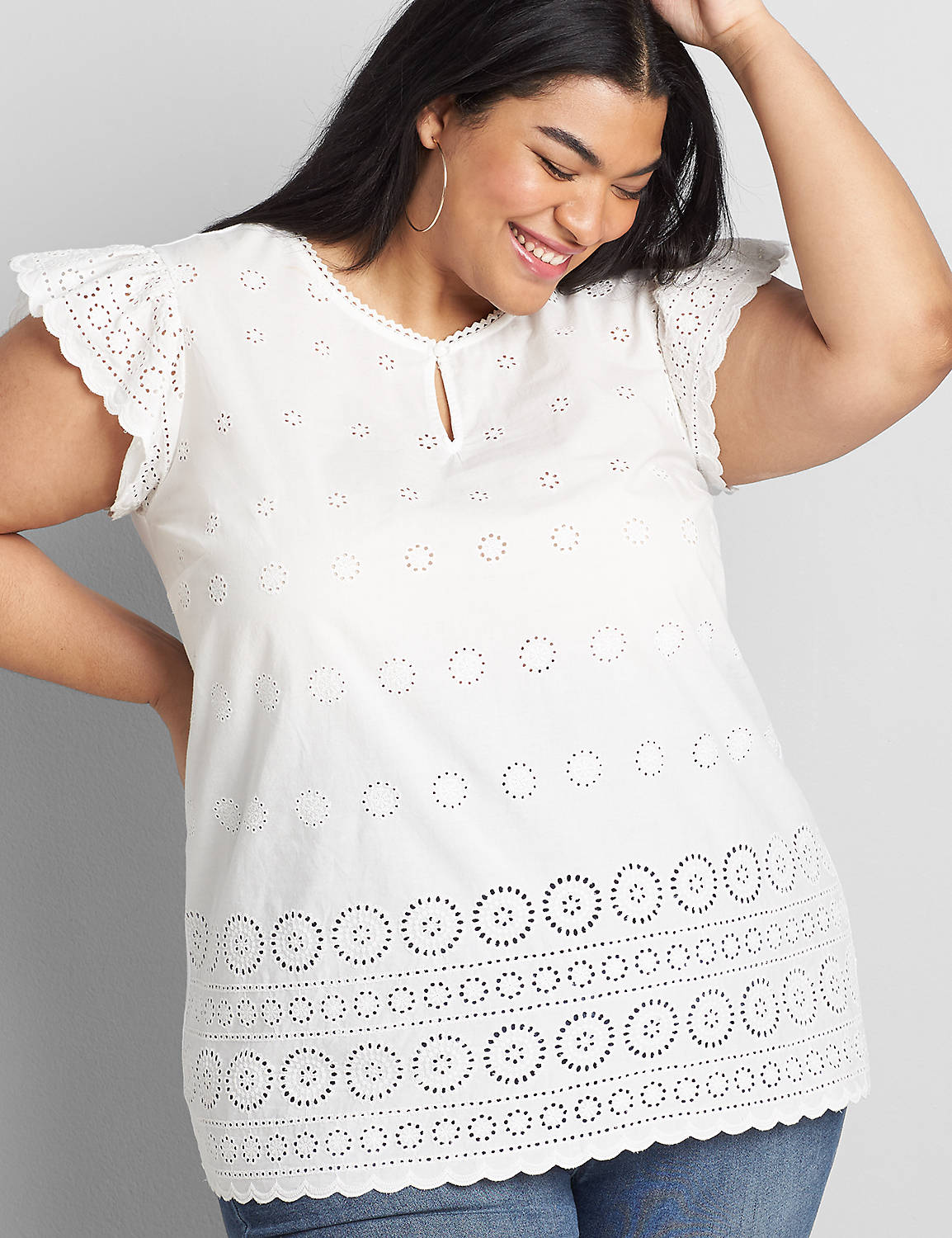 Sleeveless With Crew Neck With Button Keyhole In Eyelet and Knit Back 1119627:Ascena White:38/40 Product Image 1