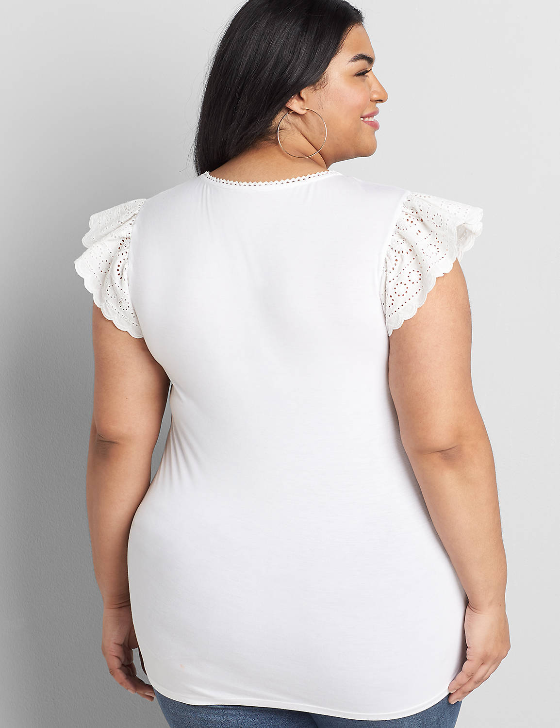 Sleeveless With Crew Neck With Button Keyhole In Eyelet and Knit Back 1119627:Ascena White:38/40 Product Image 2