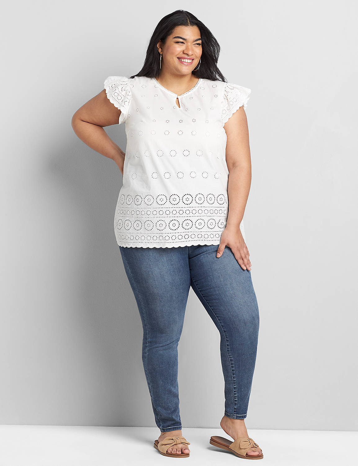 Sleeveless With Crew Neck With Button Keyhole In Eyelet and Knit Back 1119627:Ascena White:38/40 Product Image 3