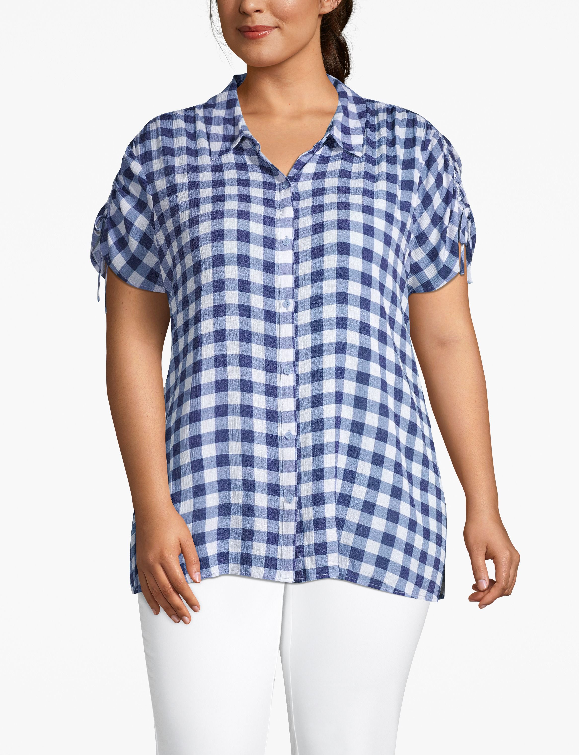 Ruched-Shoulder Button-Front Top