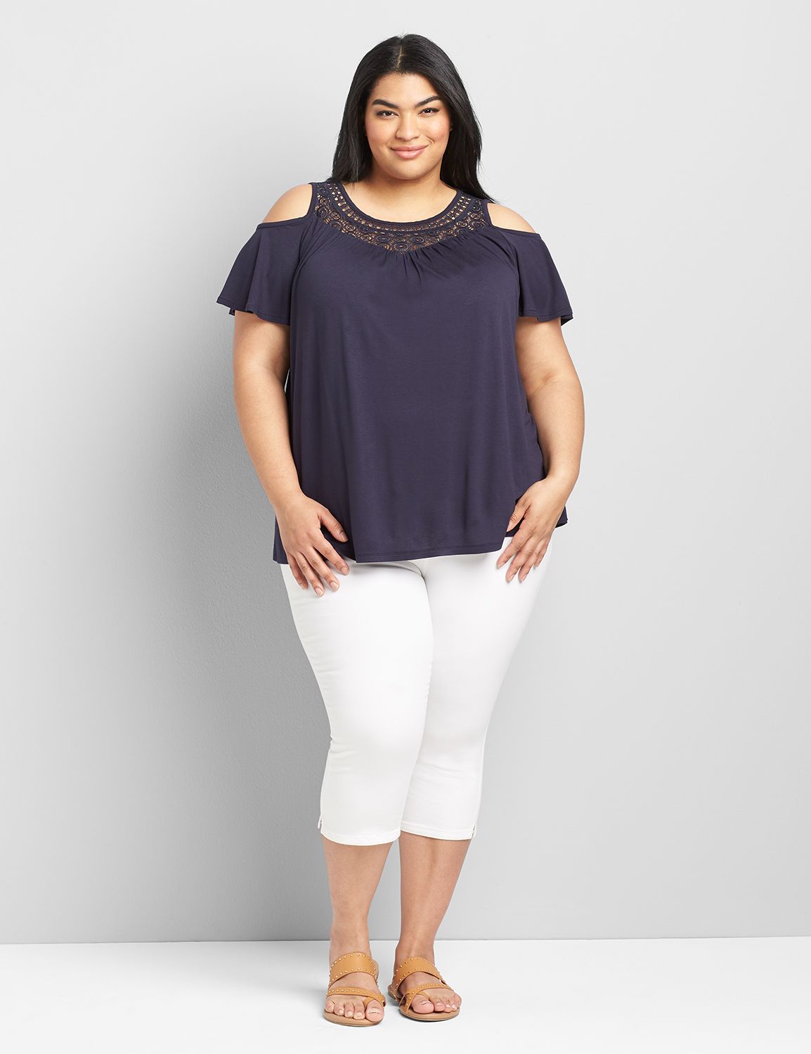 Short Sleeve Open Crew Neck Cold Shoulder Lace Yoke Swing Top 1118441:PANTONE Night Sky:14/16 Product Image 3