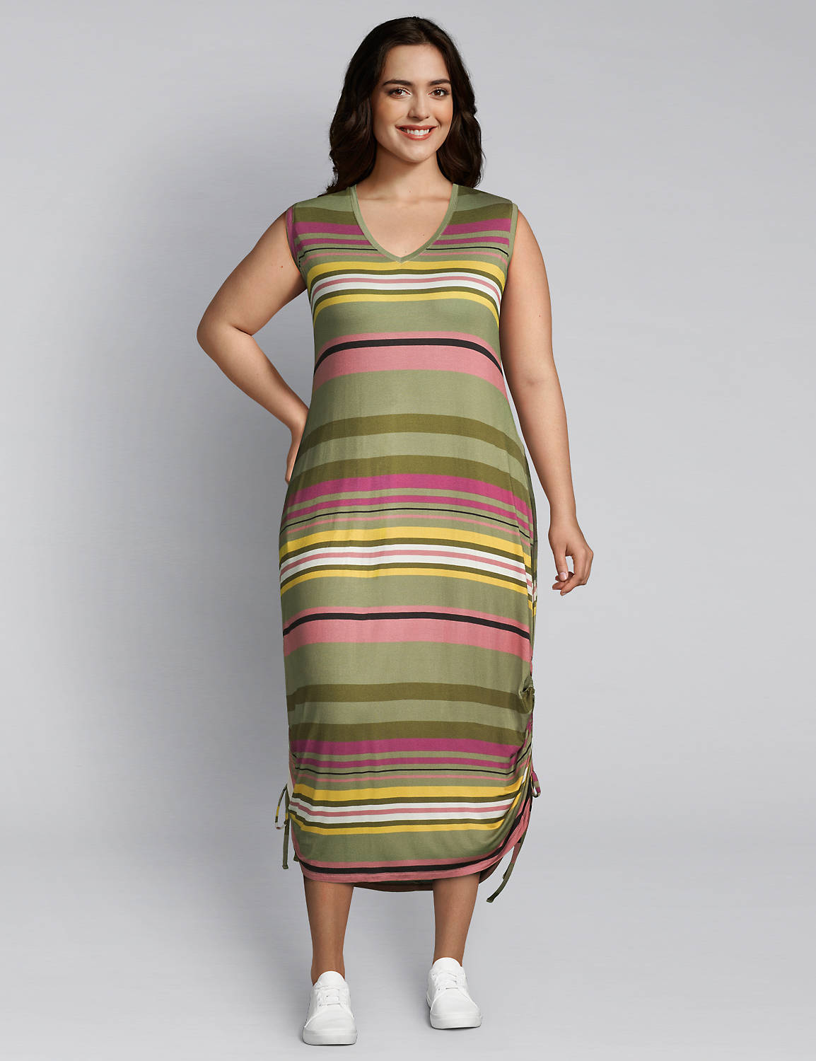 1114835 Sleeveless Vneck Side Ruched Midi - 190:LBSU20249_MultiSalsaStripe_ccolorway6:10/12 Product Image 1