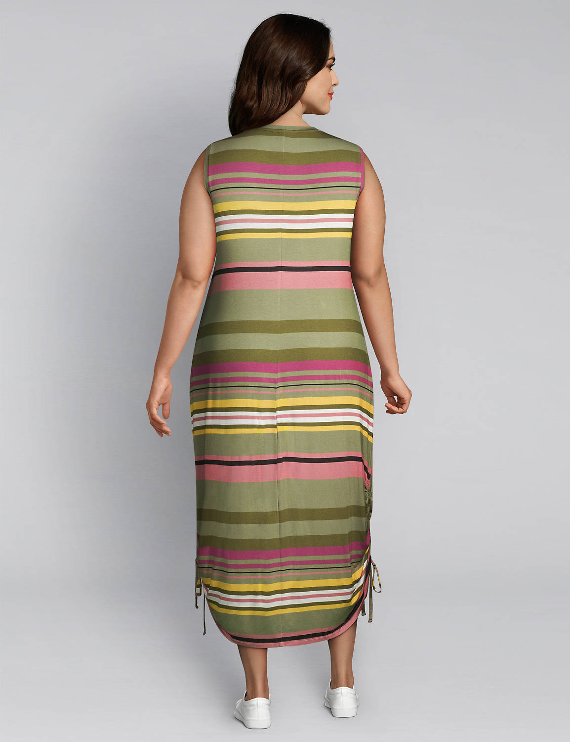 1114835 Sleeveless Vneck Side Ruched Midi - 190:LBSU20249_MultiSalsaStripe_ccolorway6:10/12 Product Image 2
