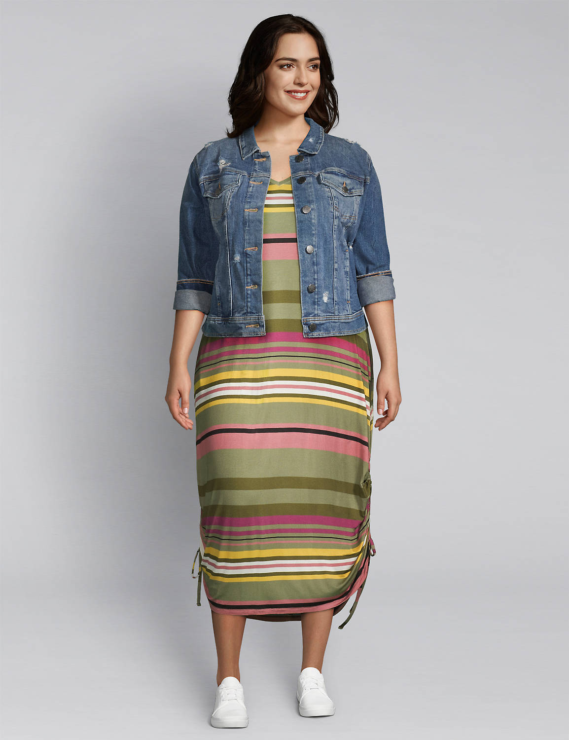1114835 Sleeveless Vneck Side Ruched Midi - 190:LBSU20249_MultiSalsaStripe_ccolorway6:10/12 Product Image 3