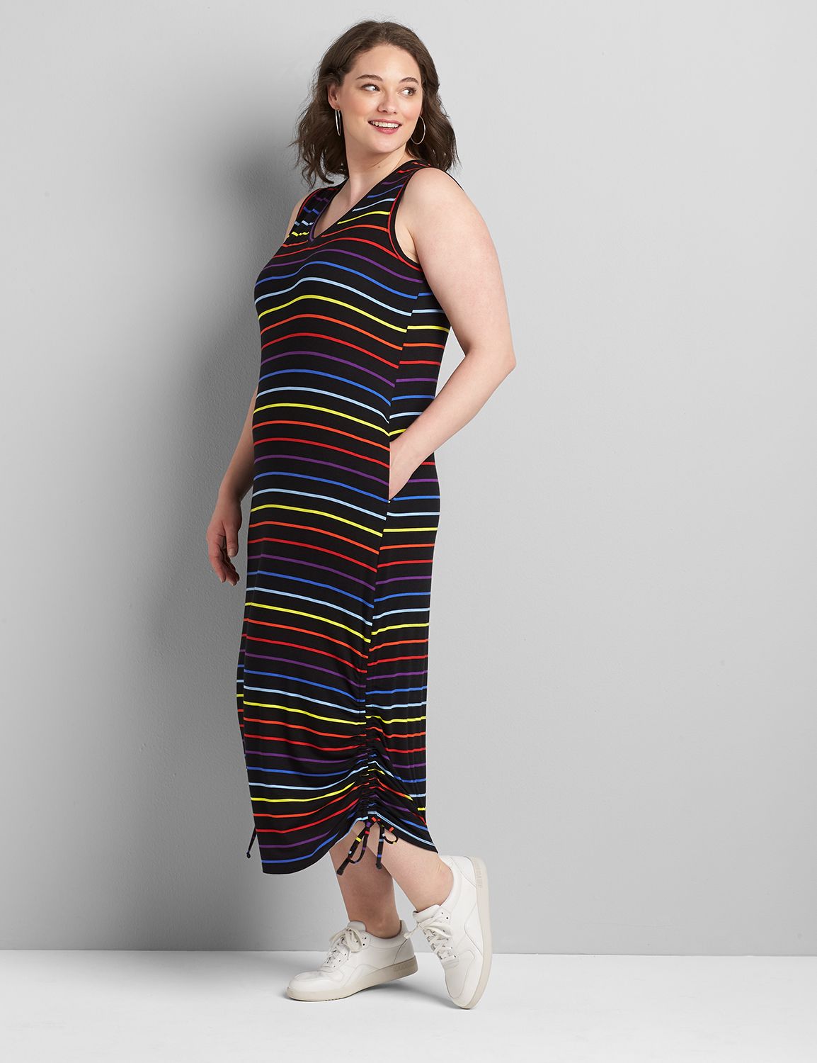 Lane Bryant Women's Ruched Side Midi Dress 10/12 Rainbow Stripe