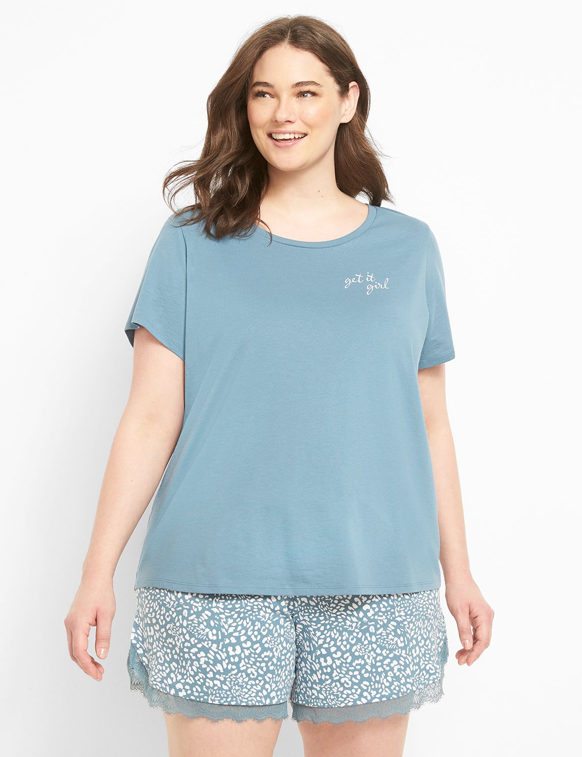 Top and Lace Trim Short PJ Set 1124 Product Image 1