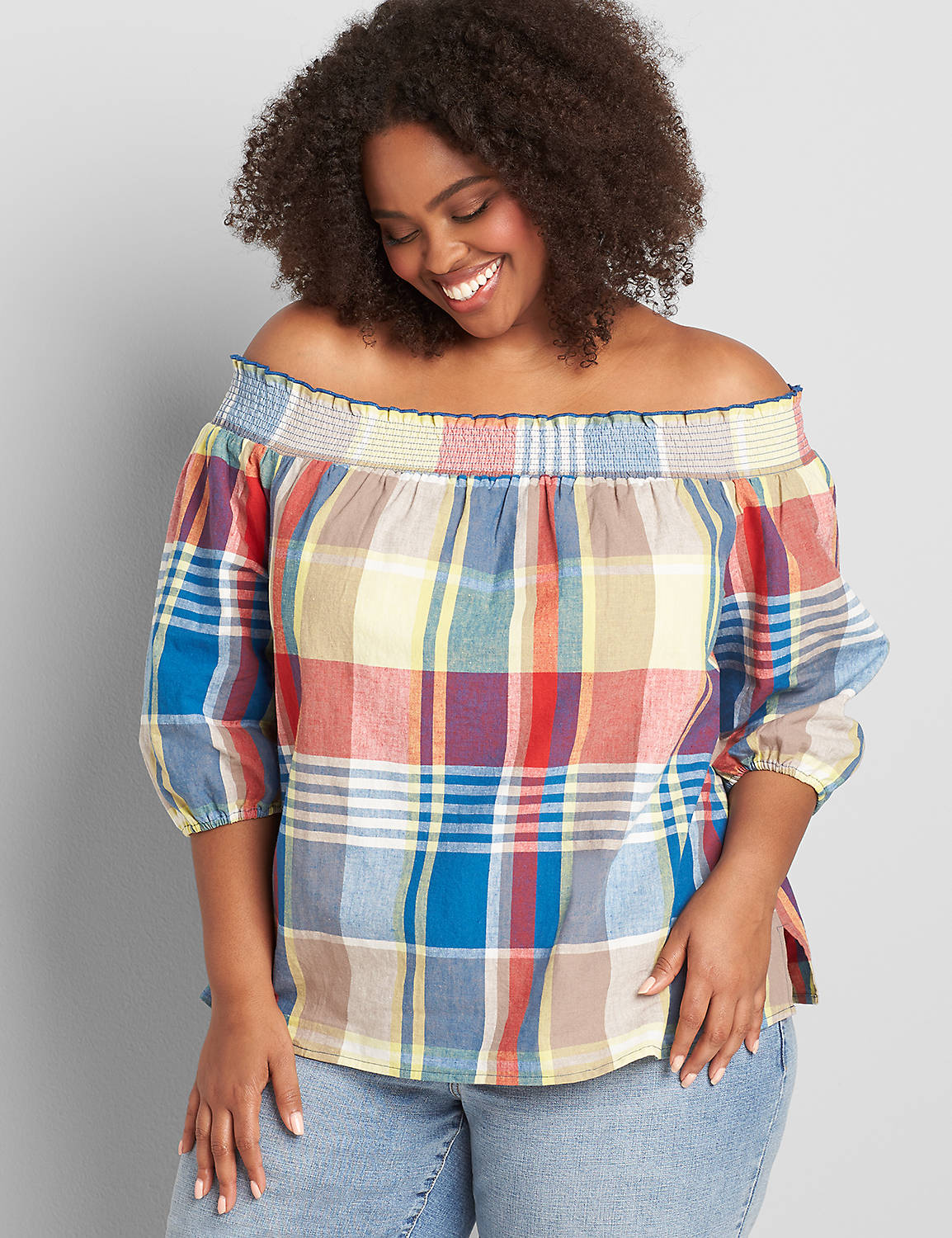Off the Shoulder3/4 Sleeve Plaid To Product Image 1