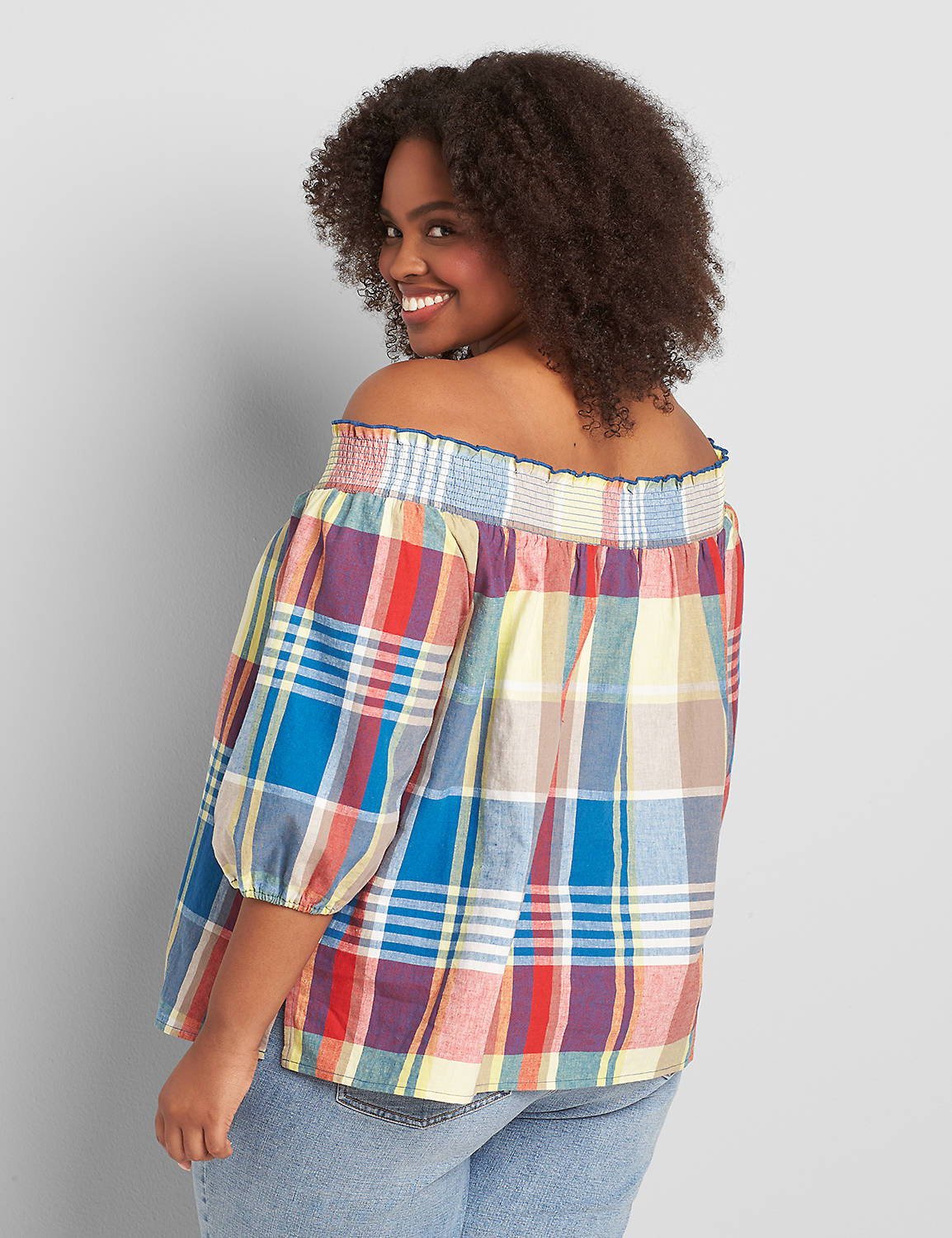 Off the Shoulder3/4 Sleeve Plaid To Product Image 2