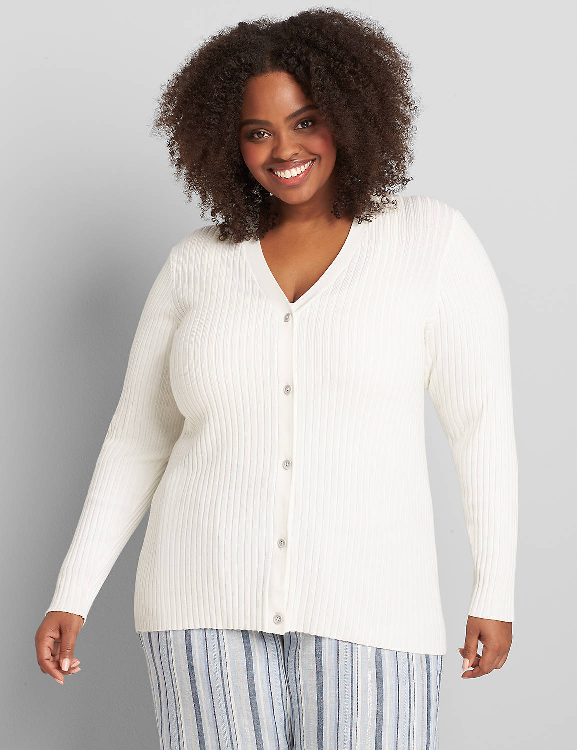 Long Sleeve VNeck Button Front Cardigan in Rib Stitch 1121476:Ascena White:18/20 Product Image 1