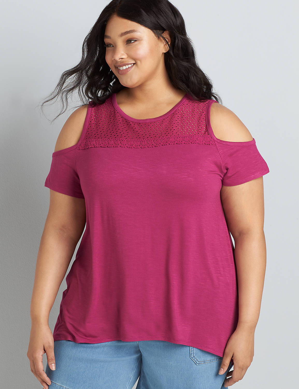 Cold-Shoulder Swing Tee with Perforated Neckline Product Image 1