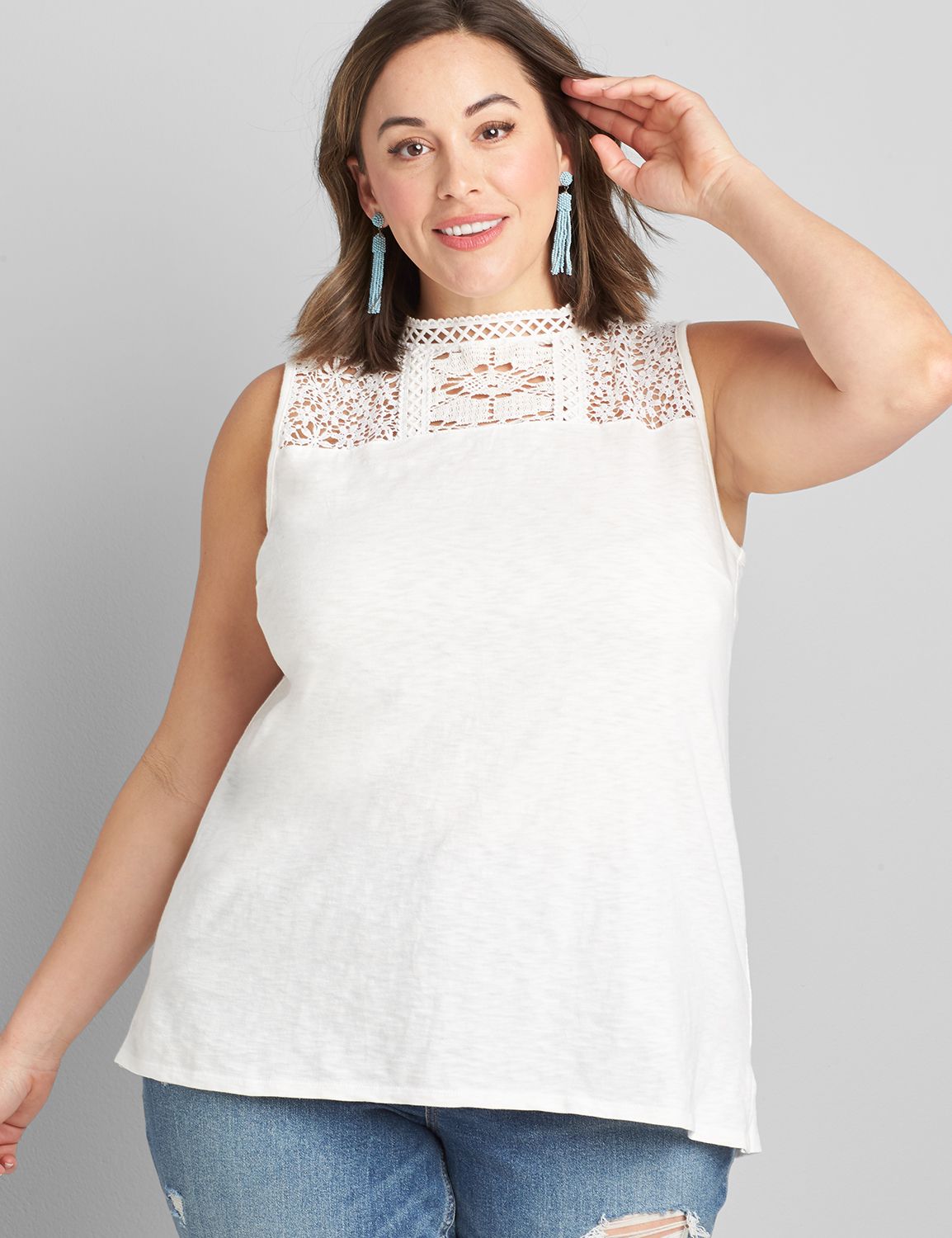 Sleeveless Mock Neck Lace Yoke Tank 1119177Ascena White18/20 LaneBryant