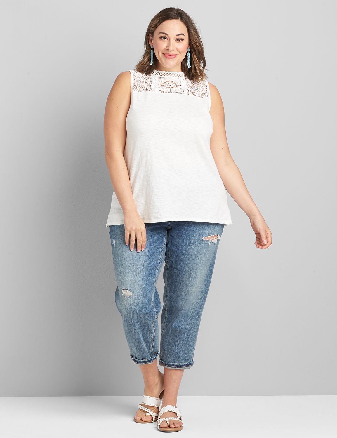 Sleeveless Mock Neck Lace Yoke Tank 1119177Ascena White18/20 LaneBryant