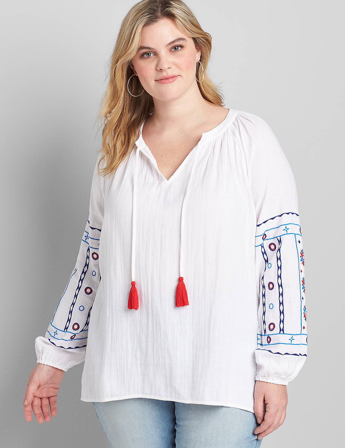 Notch-Neck Embroidered Peasant Top Product Image 1