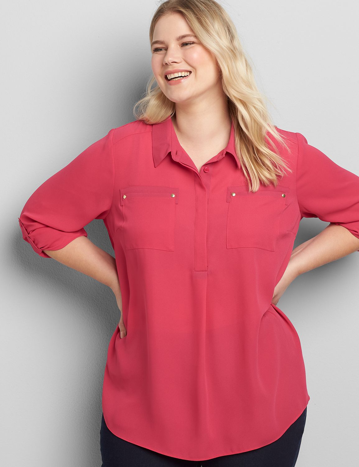 Image of Lane Bryant Women's Convertible-Sleeve Chiffon Top /P Magenta Cosmo