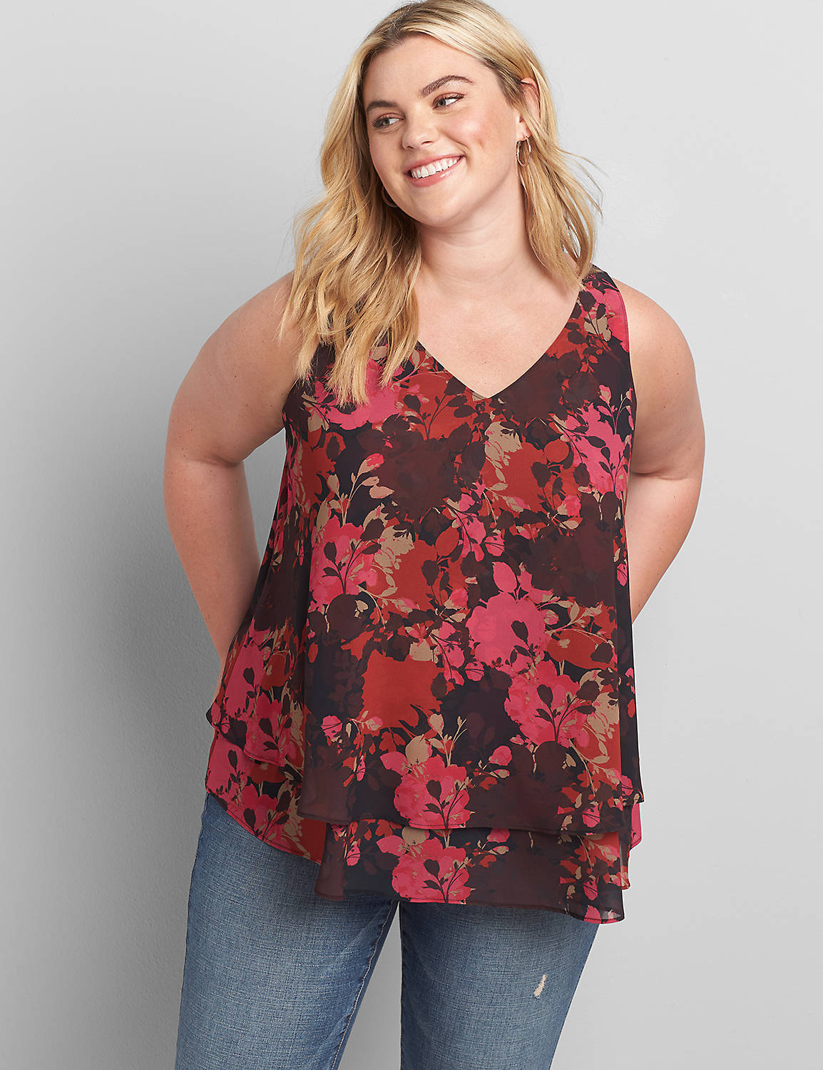 Outlet Sleeveless VNeck Double Layer Swing Tank -1114294:LBH20221_DrybrushedSilhouetteRoses_colorway1:12 Product Image 1