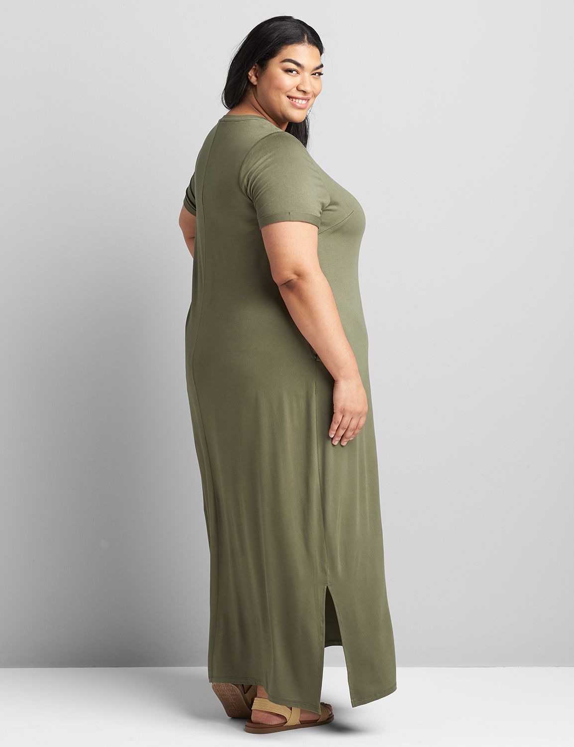 Short Roll Cuff Sleeve V Neck Maxi 1119971:PANTONE Four Leaf Clover:10/12 Product Image 2