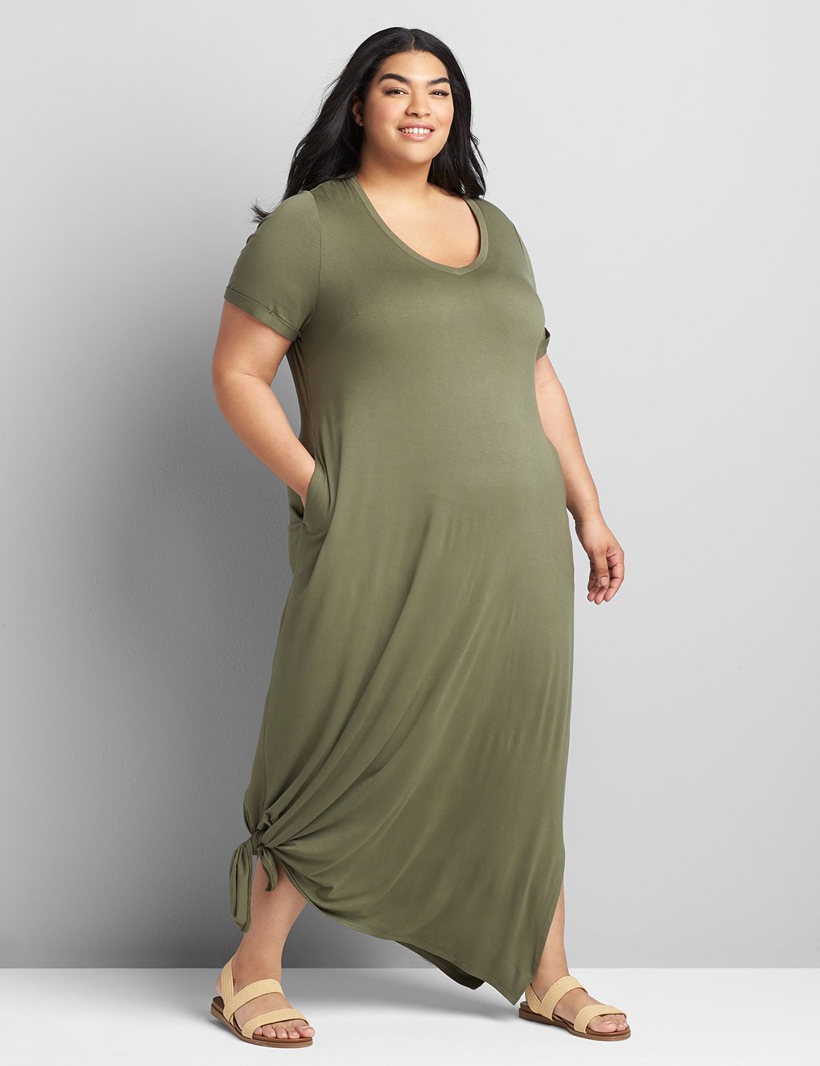 Short Roll Cuff Sleeve V Neck Maxi 1119971:PANTONE Four Leaf Clover:10/12 Product Image 4