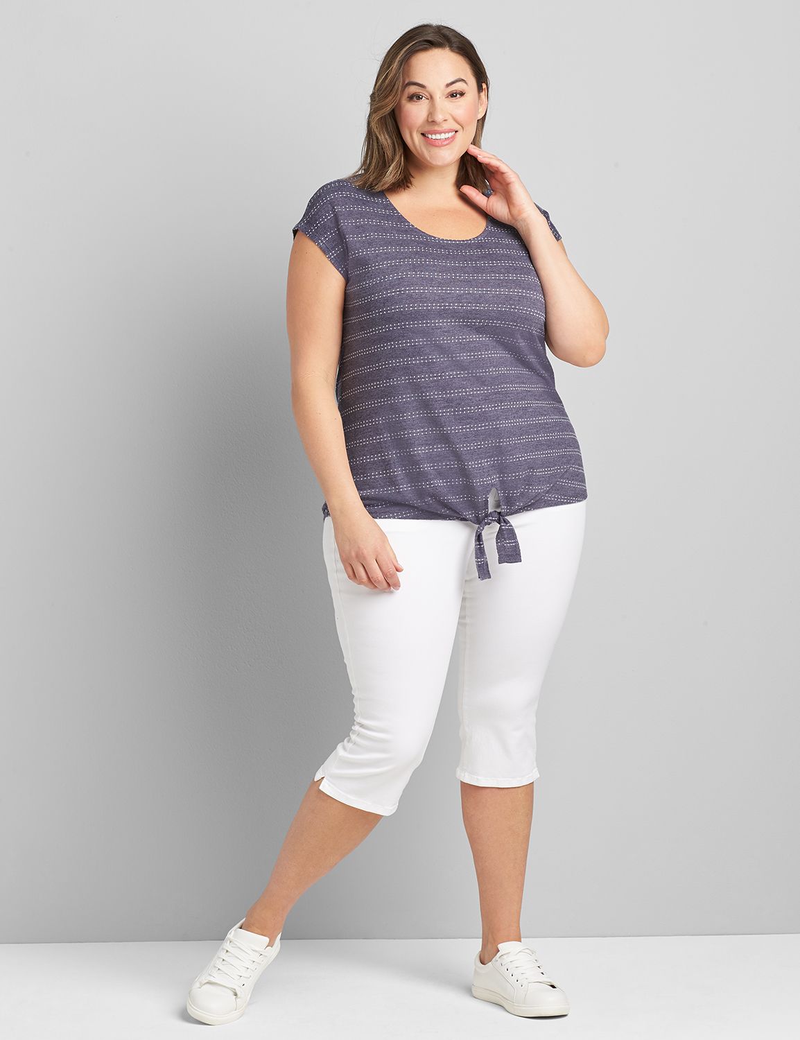 Striped Dolman Cap-Sleeve Tee With Tie Hem Product Image 3