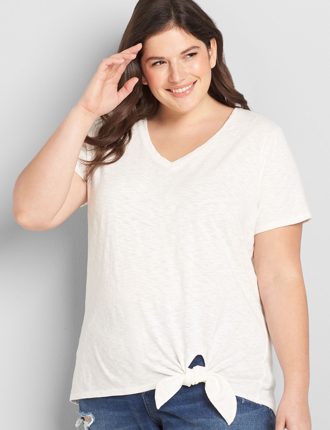 Short Sleeve Vee Neck Tie Waist Tunic Tee 1120170:Ascena White:10/12 Product Image 1