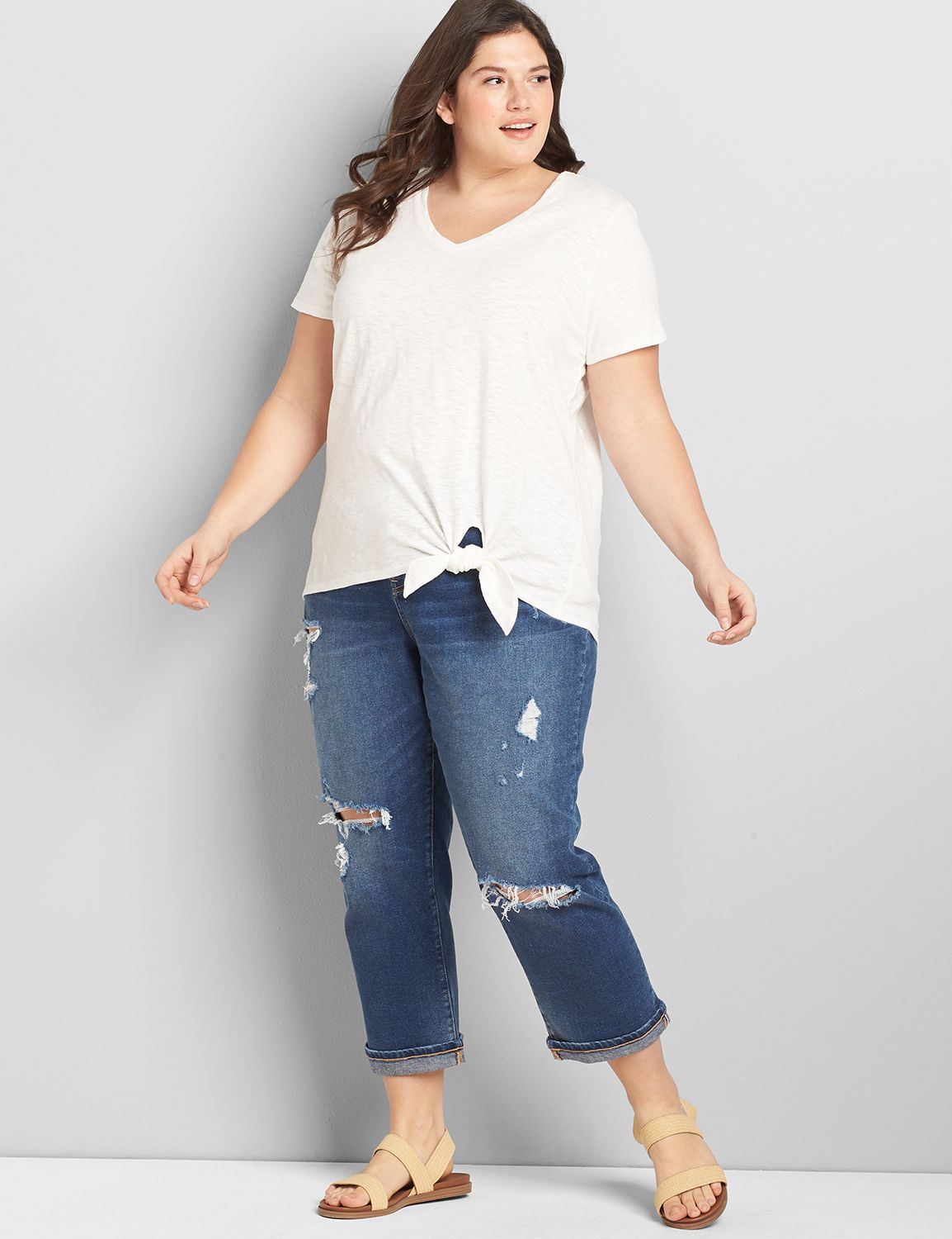 Short Sleeve Vee Neck Tie Waist Tunic Tee 1120170:Ascena White:10/12 Product Image 3