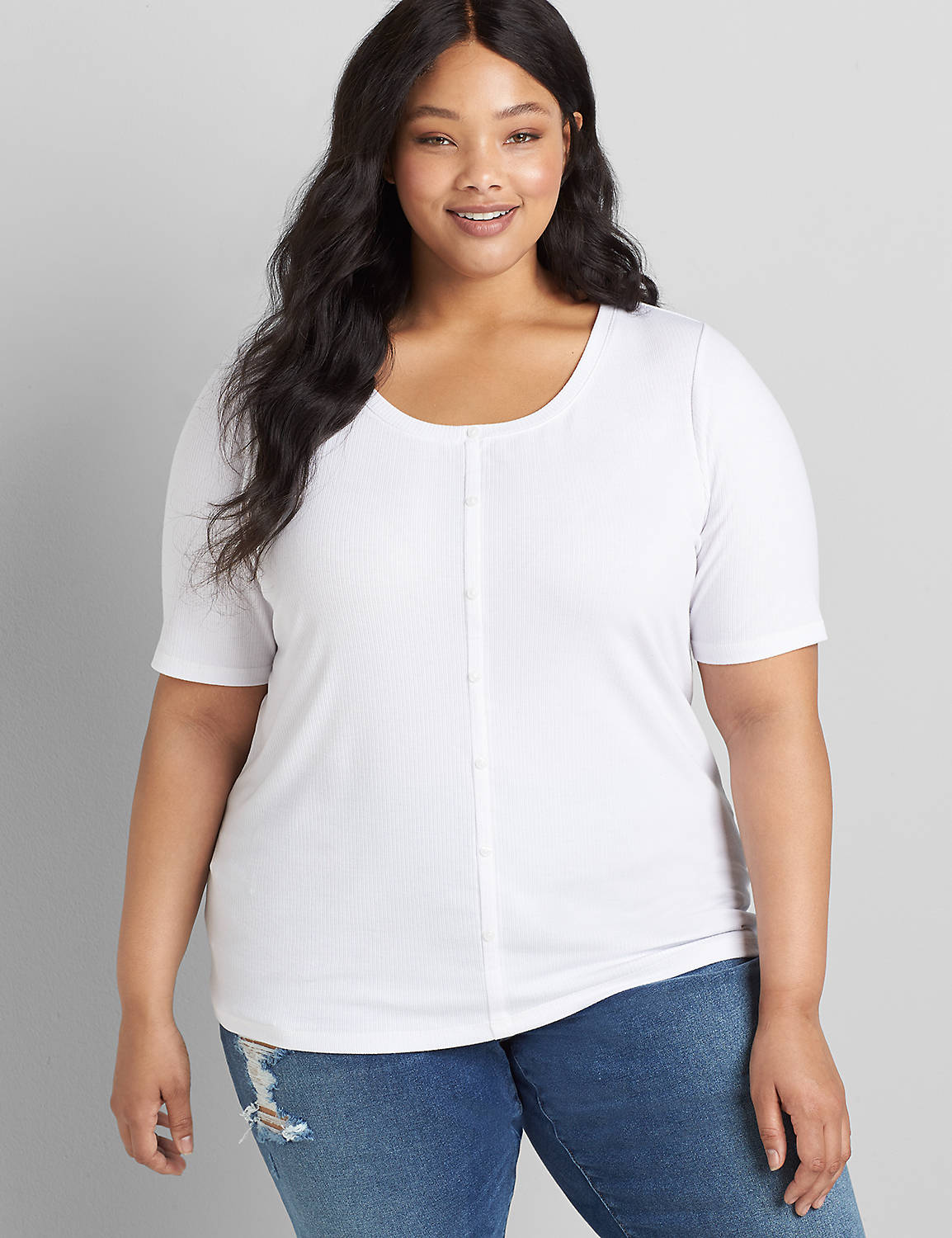 Rrive Women Long Sleeve Buttons Trim Slim Solid Color Round Neck Plus Size Top T-Shirt Blouse 