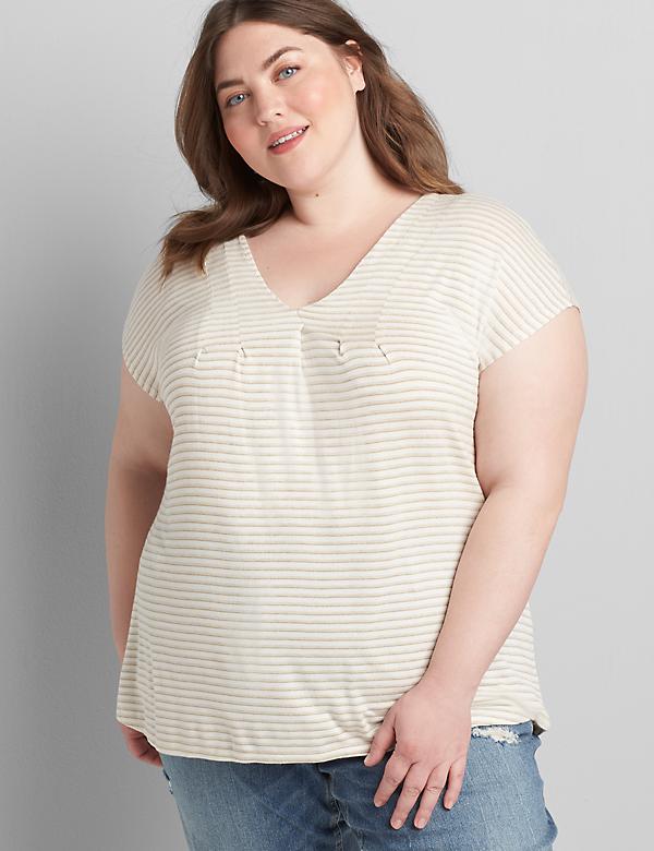 Striped Dolman Cap-Sleeve Top With Pleated Front