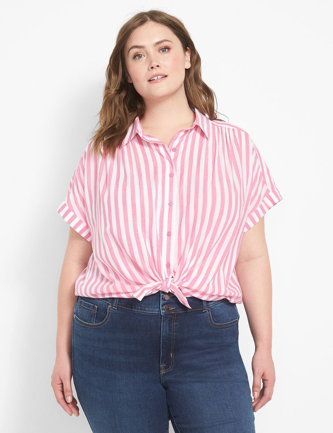 Short Sleeve Button Down Top With Ruffle Hem